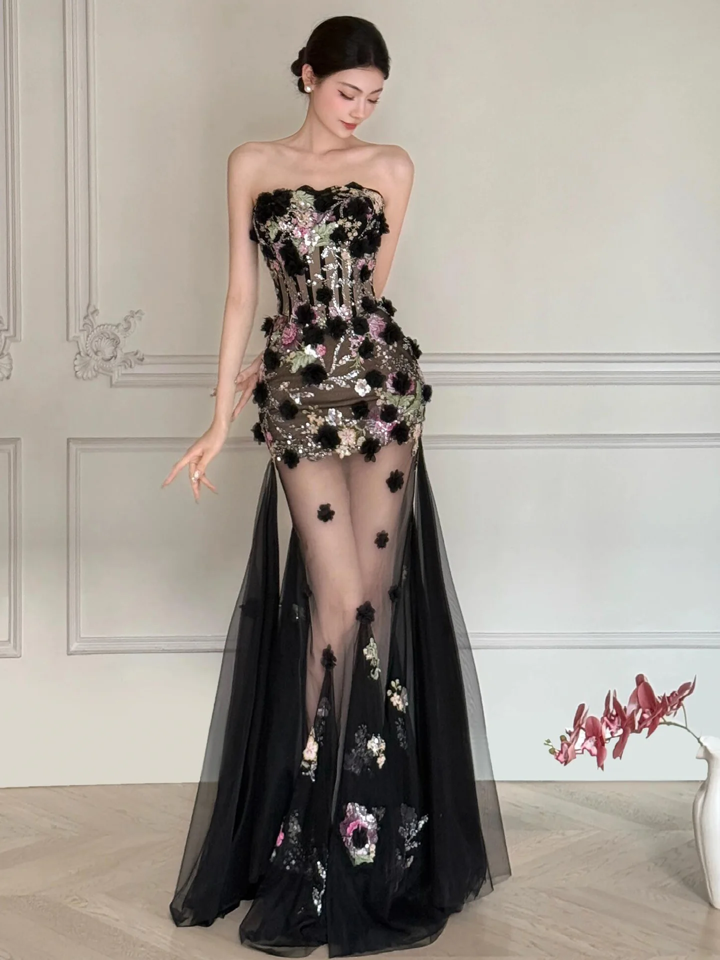 

Сексуальное вечернее платье с дизайном «рыбий хвост» и без бретелек для банкетов, выступлений, ведущих, длинная юбка, для свадеб, свиданий, ежегодных встреч