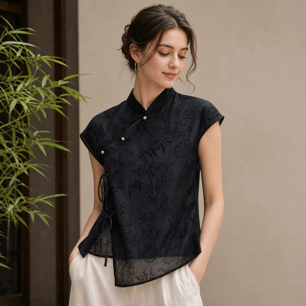 Thin Fabric Cheongsam T-Shirt Jacquard Weave Black Color New Chinese Style Top Summer Weight Short Sleeve Short Sleeve Cheongsam