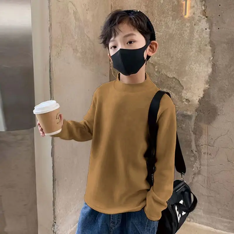 New Baby Boys T shirt Fashion Autumn Winter Solid Thermal Long Sleeve Casual High Collar Thin Velvet Heating Tops 6 8 10 12 Year