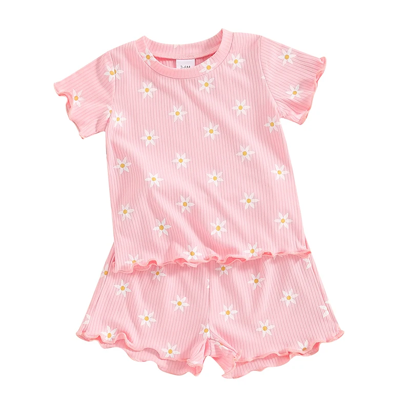 Pudcoco-Vêtements d'été pour bébés filles, tenue à manches courtes, garniture en laitue, haut floral, ensemble court, 6, 12, 18, 24 mois, 2t, 3t, 4t, 6M-4T