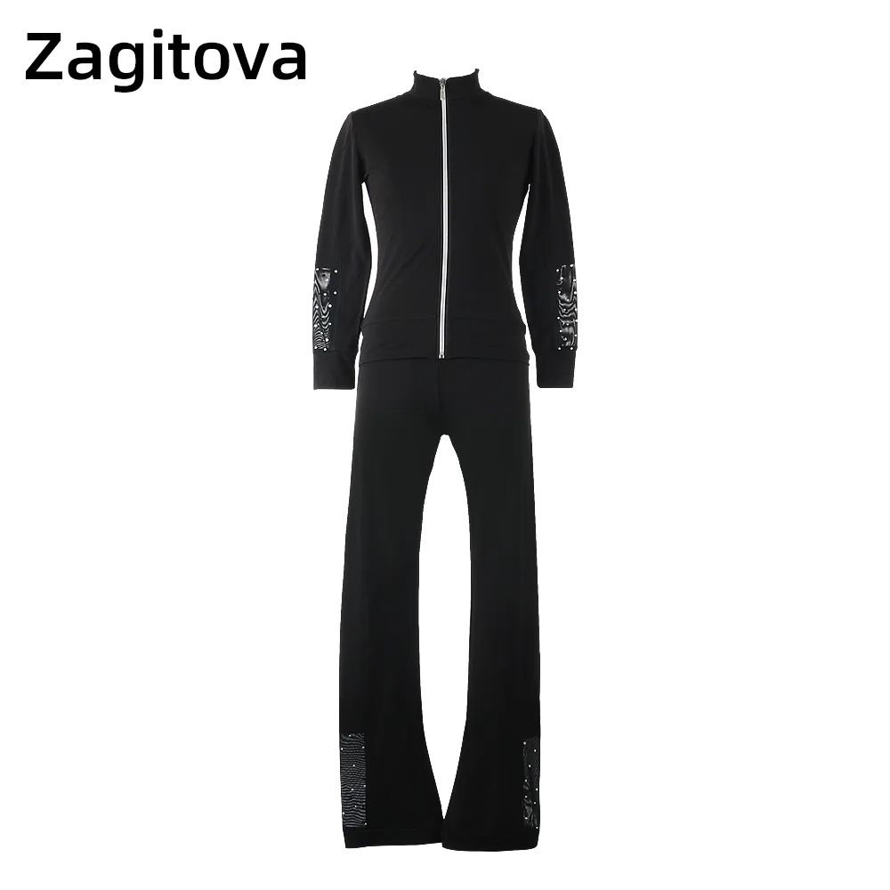 

ZAGITOVA Figure Skating Practice Suit Girls Women Ice Skating Jacket Tops Black Thick velvet Pants Mesh Diamond