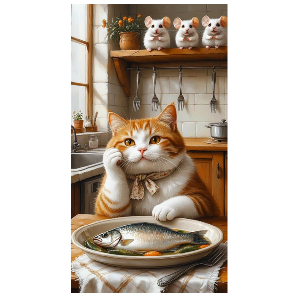 Kits de pintura de diamantes Thinking Cat para adultos, pintura DIY con diamantes redondos de cobertura completa, pinturas de arte con puntos de diamantes para decoración de pared del hogar