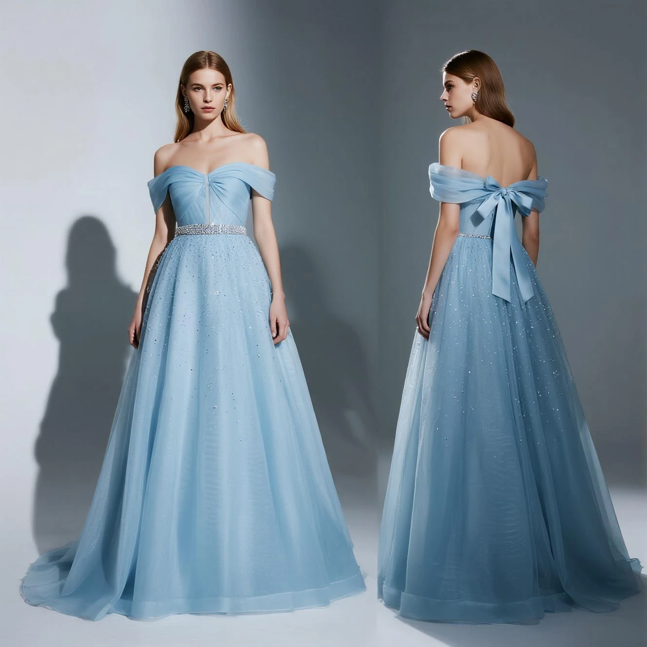 

Sweet A-Line Off Shoulder Tulle Prom Dress Luxury Sweep Train Sleeveless Appliques Bow Knot Evening Dress 2025 Free Customized