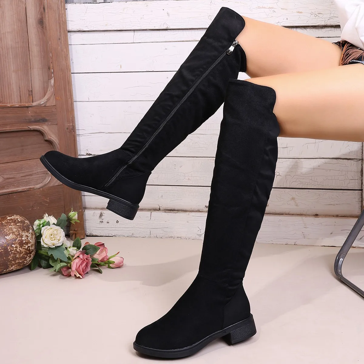 

Women Boots Winter Black Over The Knee Boots 2024 New Comfort Lace Up Chunky High Heels Shoes Fashion Warm Suede Round Toe Boots