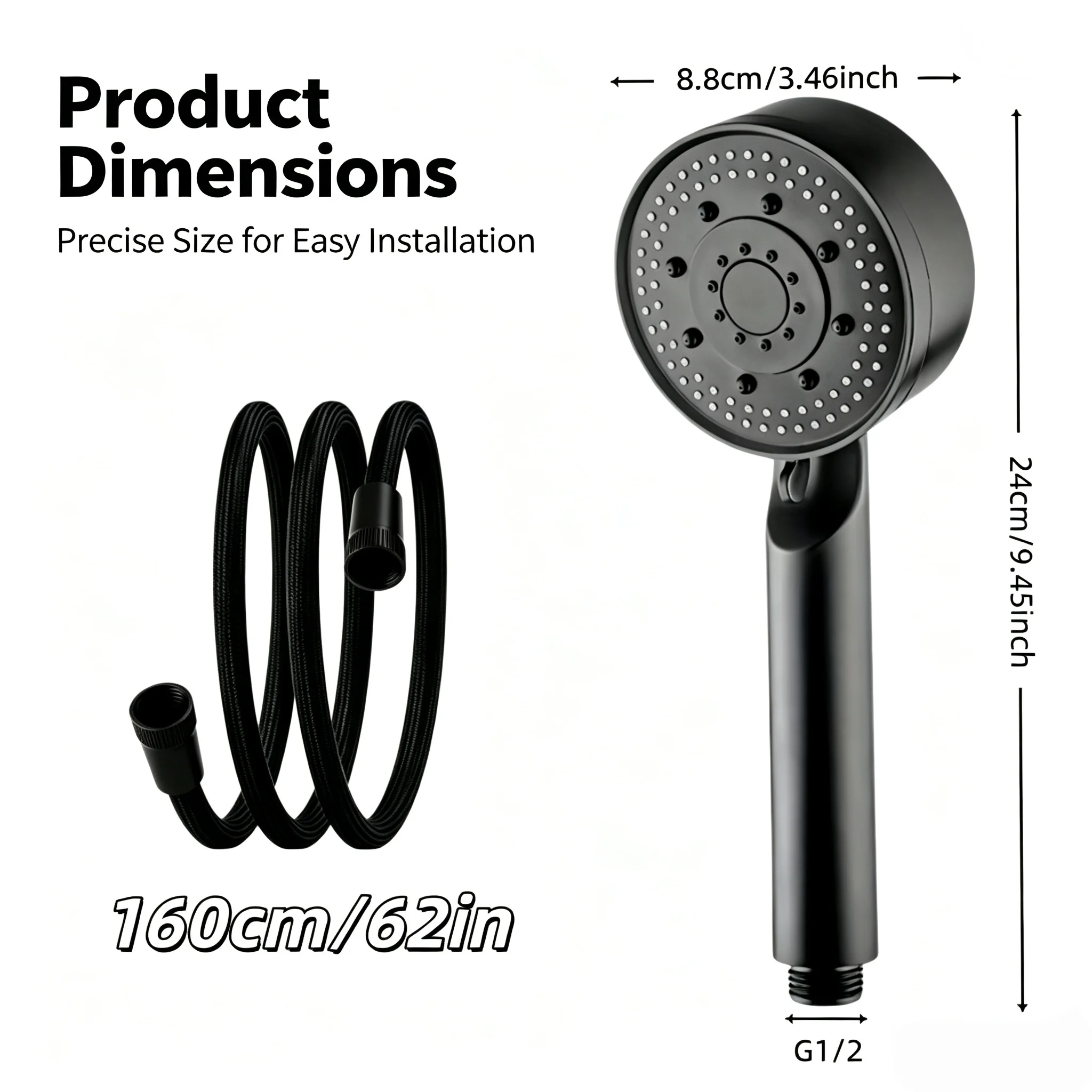 Black Boost Shower Head 5 Adjustable Spray Modes Soft Silicone Nozzles Flexible Shower Hose Bathroom Accessory for Home RV Hotel
