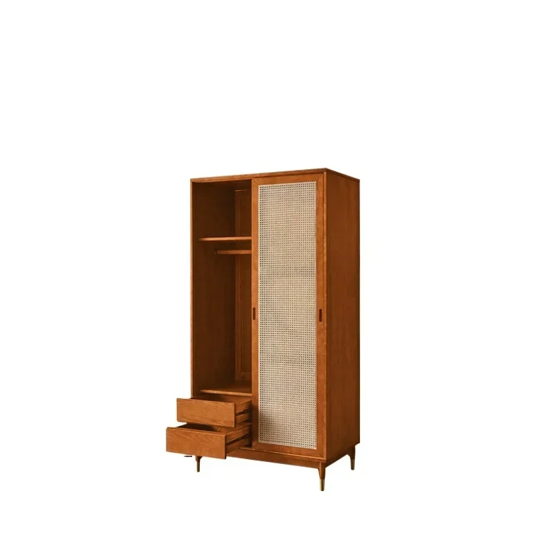 

*1Retro solid wood rattan wardrobe hotel double door glass sliding locker integrated large wardrobe
