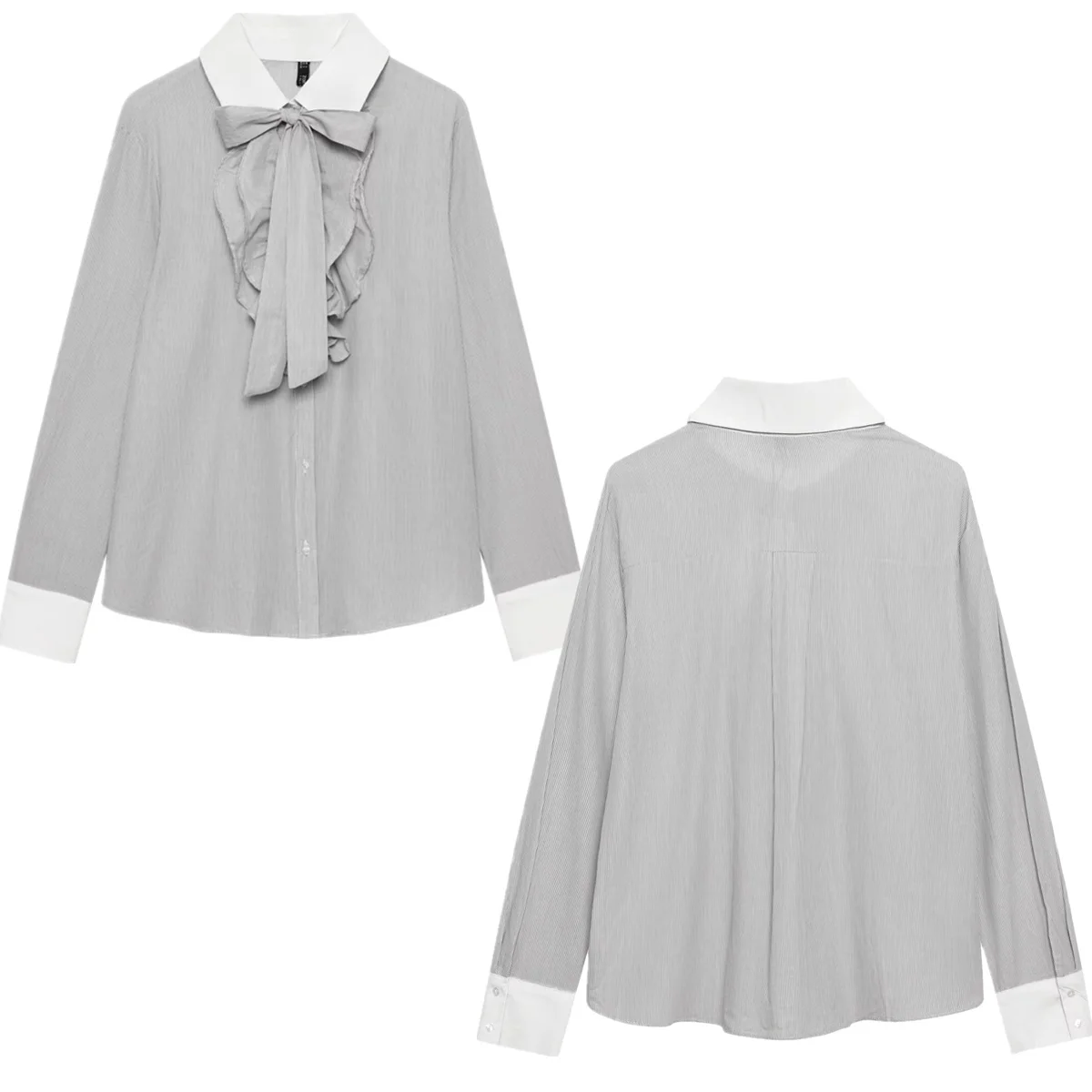 

Модная офисная женская рубашка Jenny&Dave: весенняя, в полоску, с бантом и оборками, элегантная, с длинным рукавом. Женская одежда.