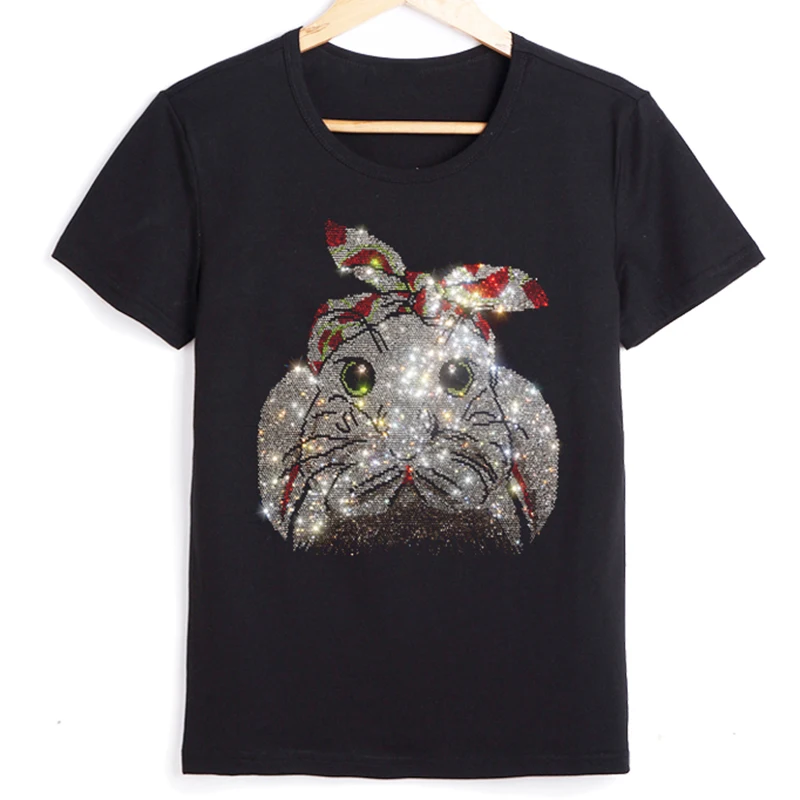 Lovely Cartoon Tshirts Bunny Diamond With a Rabbit Summer Short Sleeve O-Neck Cotton T-shirt Woman Clothing Top Tee