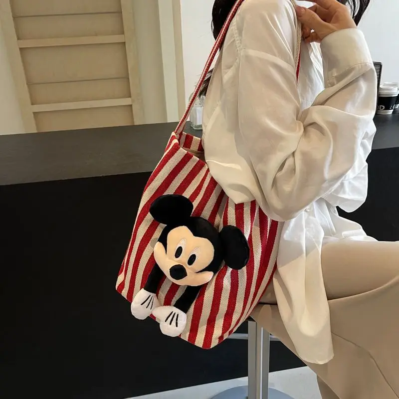 Disney Mickey creative three-dimensional cute doll striped one-shoulder canvas bag striped magnetic buckle commuter tote bag