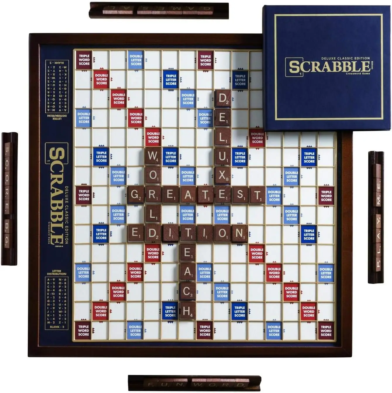 

Rotating Wooden Scrabble Deluxe Board Game with Raised Grid & Storage, 2-4 Players, Ages 8+
