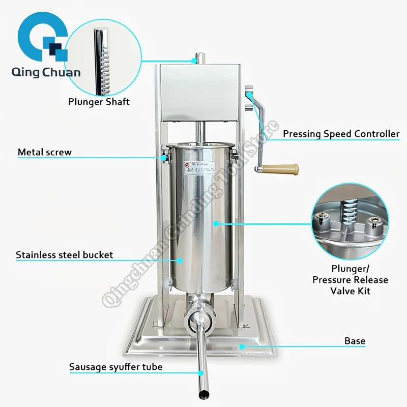 Sausage Stuffer Sausage Filler Stuffer Vertical Homemade Bacon Meat Hand-Crank Commercial Stainless Steel Sausage Maker