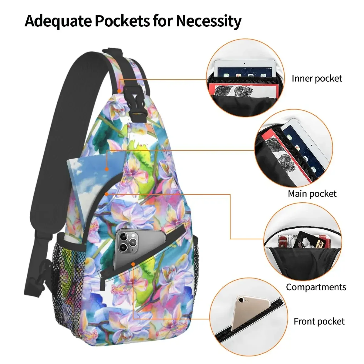 Orchid Floral Botanical Flowers Small Sling Bag Chest Crossbody Shoulder Backpack Travel Hiking Daypacks Cool Pack