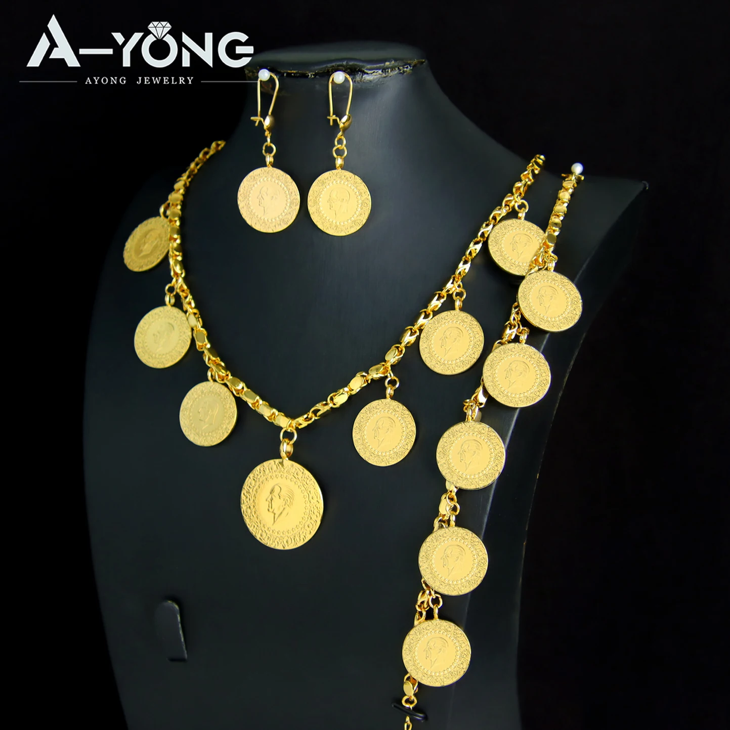 Nigeria Wedding Jewelry Set 21k Gold Plated Turkish Money Coins Necklace Bracelet Earrings Algeria Women Bridal Vintage Jewelry