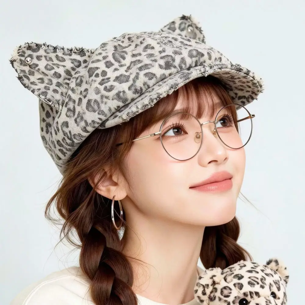 Women Fashion Leopard Print Cat Ear Beret Hat Japanese Retro Octagonal Cap Autumn Winter Warm Adjustable Headwear