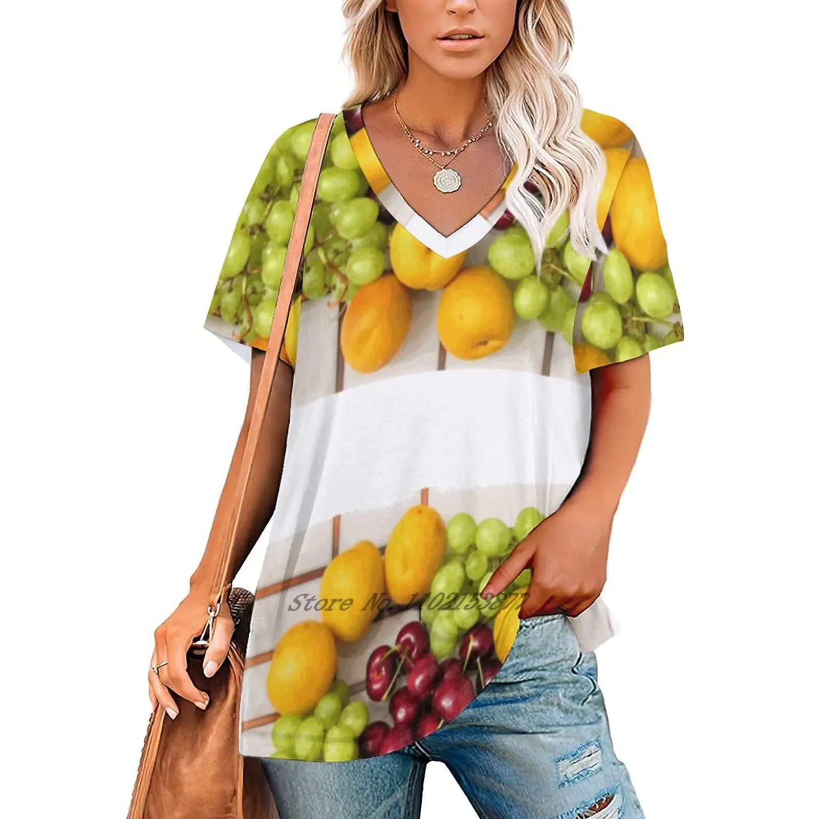 A Bowl Of Fruit Women V Neck T-Shirt Casual Sexy T Shirts Hollow Out Zipper Pullover Top Fruit Bowl Apricots Cherries Grapes