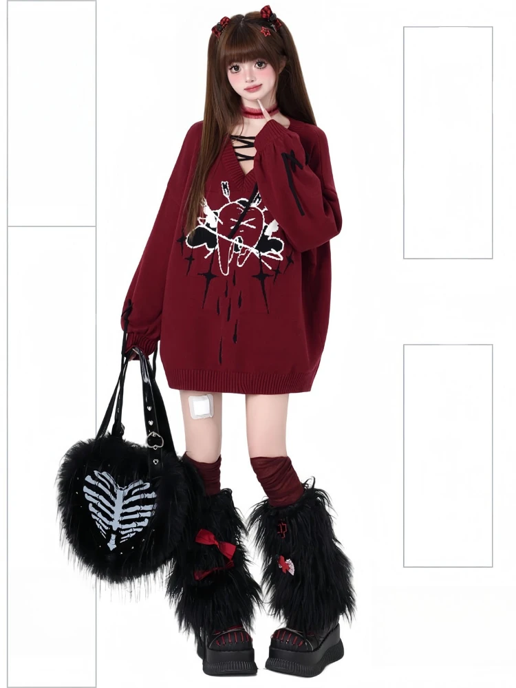 Sottocultura dolce scollo a V casual allentato top pullover maglione manica lunga autunno inverno donna Harajuku Grunge anni 2000 Y2k femminile