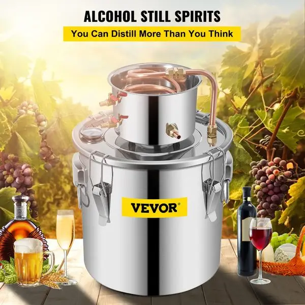 VEVOR Alkohol Masih 8Gal 30L Baja Tahan Karat Air Penyuling Alkohol Tabung Tembaga Kit Pembuatan Bir Rumah Termometer Bawaan untuk DIY W