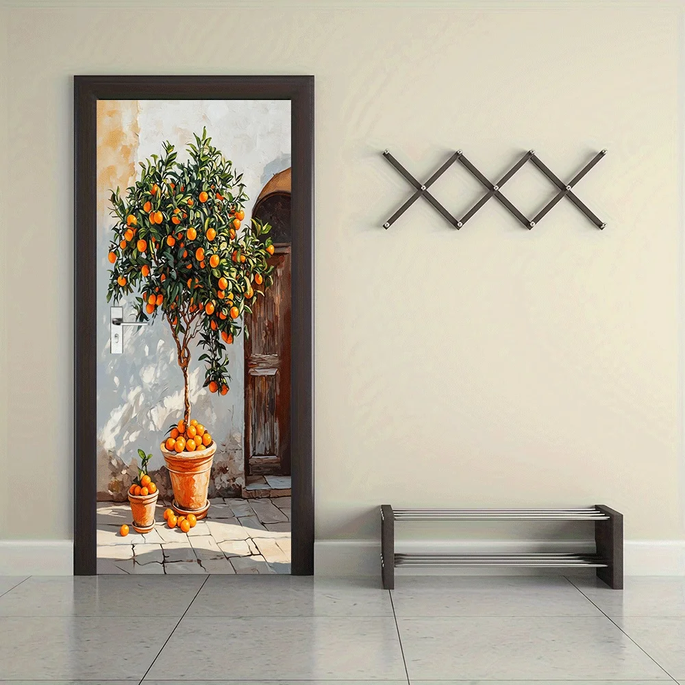 2pcs Warm Mediterranean Style Simulation Citrus Tree Wall Sticker Self-Adhesive Removable Living Room Entrance Decoration Sticke
