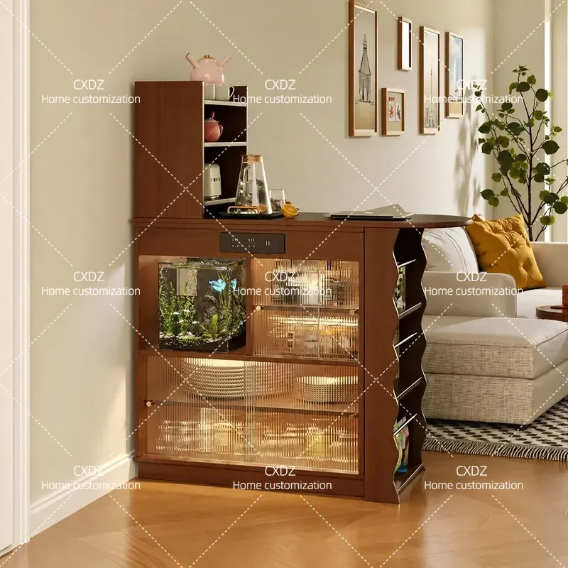 Solid Wood Folding Bar Table Retractable Bar Cabinet Living Room Sofa Side Partition Small Apartment Island Dining Sideboard