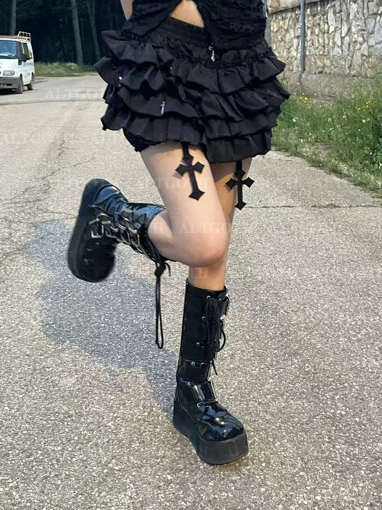 AltGoth Hotsweet Kawaii Gothic Cake Shorts Skirt Women Dark Cyber Punk Harajuku Grunge Y2k E-girl Cross Patchwork Shorts Female