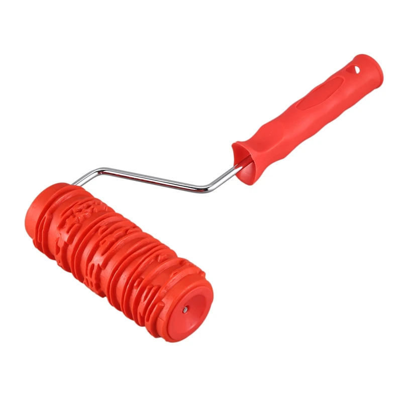 Y42A-6 Inch Painting Roller With Handle Rubber Wood Pattern Graining Knurling Tool For Wall Decoration Red