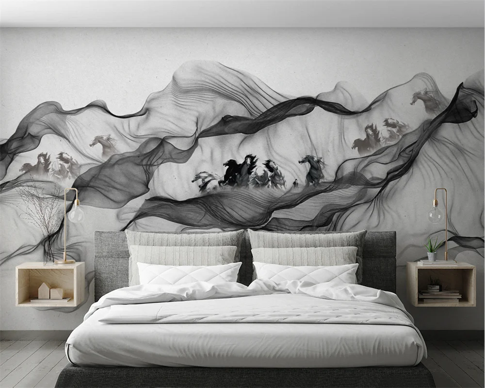 beibehang Custom Modern New papel de parede Chinese Ink Painting Smoke Horse Figure Interior Background Wallpaper papier peint