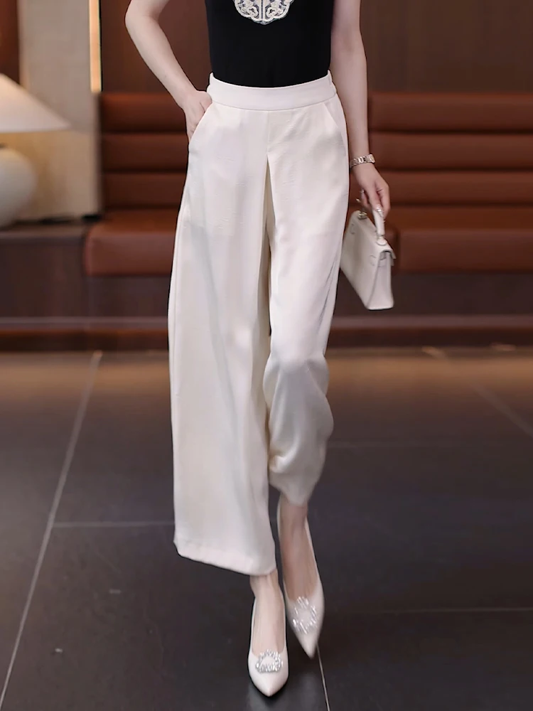 

Летние тонкие брюки-палаццо из ледяного шелка с высокой талией, свободные, драпированные, укороченные (7/8), в корейском стиле, для офиса и повседневной носки