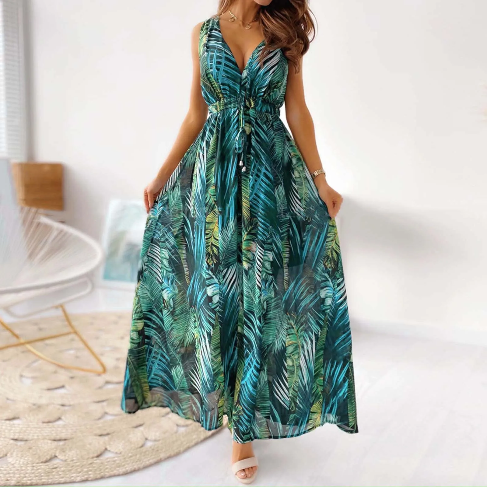 

Bohemian Printed Maxi Dress Women Vintage Floral Printed Robe V-Neck Sleeveless Boho Long Dress Casual Female Costume Vestidos