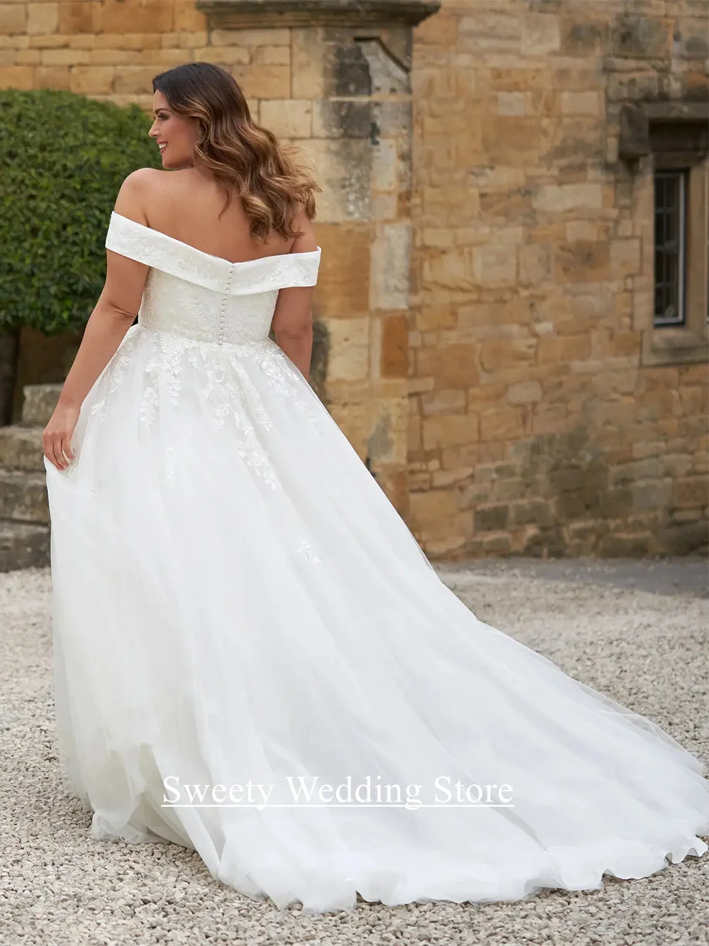 فستان زفاف مقاس كبير من Vestido De Noiva مخصص قبالة الكتف ورقبة على شكل V مزين بالترتر من التل على شكل حرف A فستان زفاف العروس