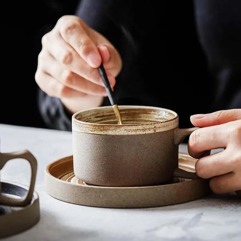

Retro Pottery Coffee Cup Set Creative Handmade Ceramic Cups With Dish Milk Water Mug Breakfast Mugs Home Tableware Wholesale
