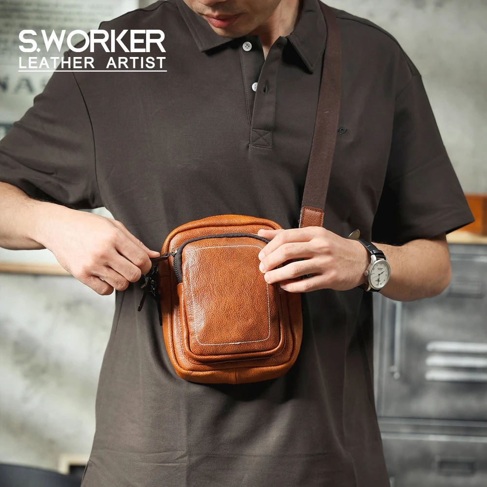 Premium Echtleder Herren Umhängetasche Brusttasche für Männer Vollnarbenleder Mini-Schultertasche für Handy & Schlüssel – Detail 2