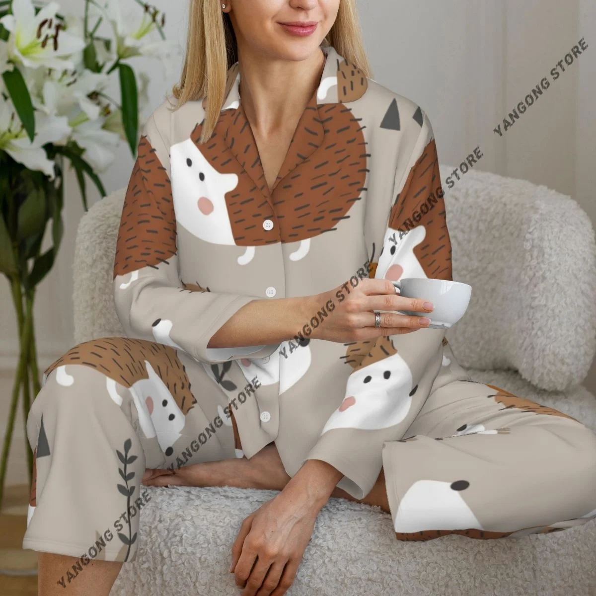 

Женская одежда для сна, пижамы, милые ежи, яблоки, ручная работа, пижама с длинными рукавами, женский комплект, пеньюар, кардиган, костюм