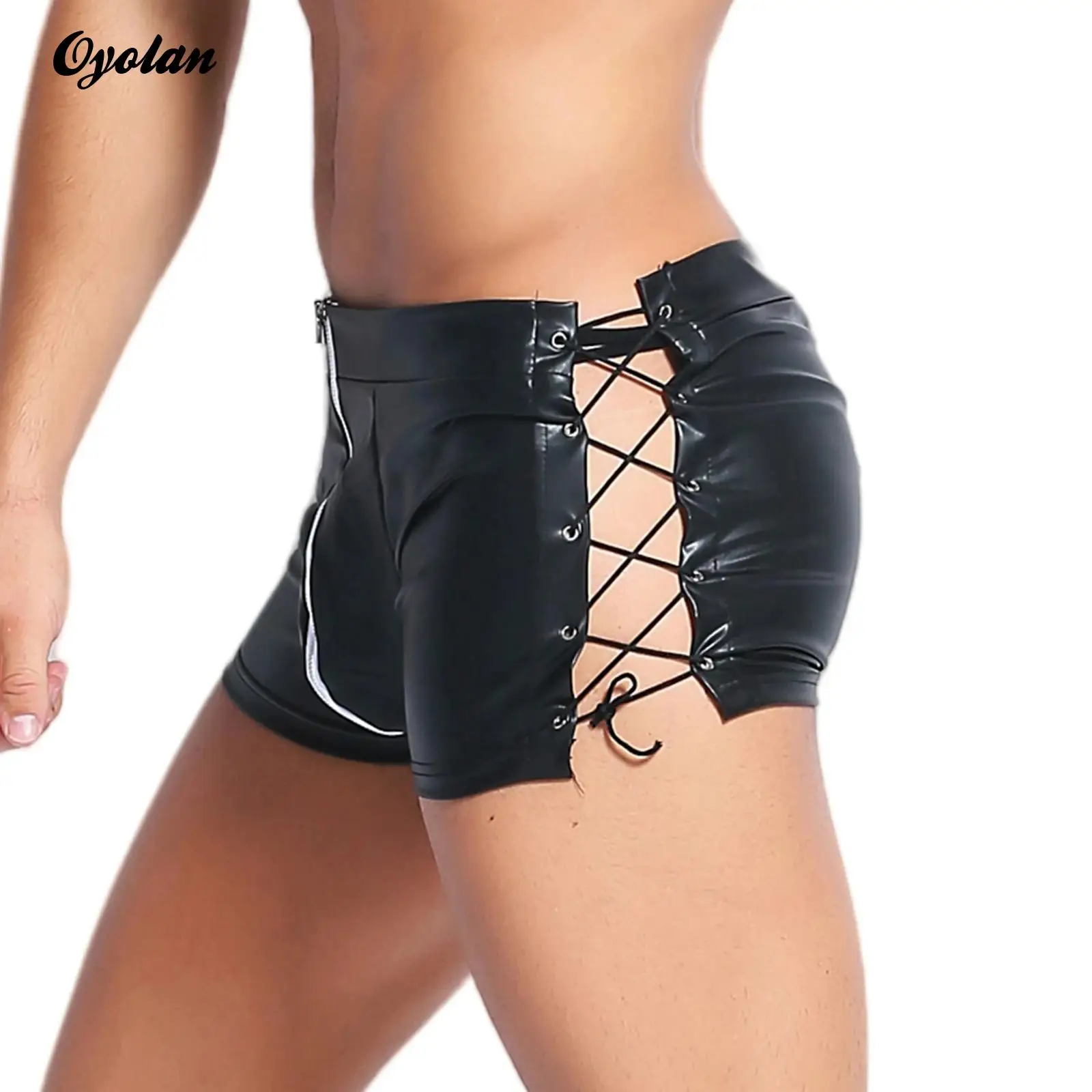 

Sexy Mens Side Lace-up Hollow Out Fun Underwear Patent Leather Lingerie Underpants Bulge Pouch Front Zipper Shorts Club Wear