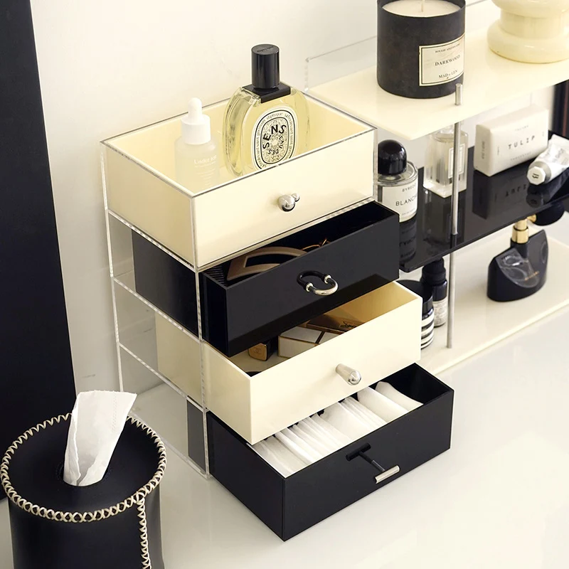 

Acrylic Cosmetic Organizer - Vintage Minimalist Makeup Storage Box, Premium Dustproof Desktop Case with Color Block Design