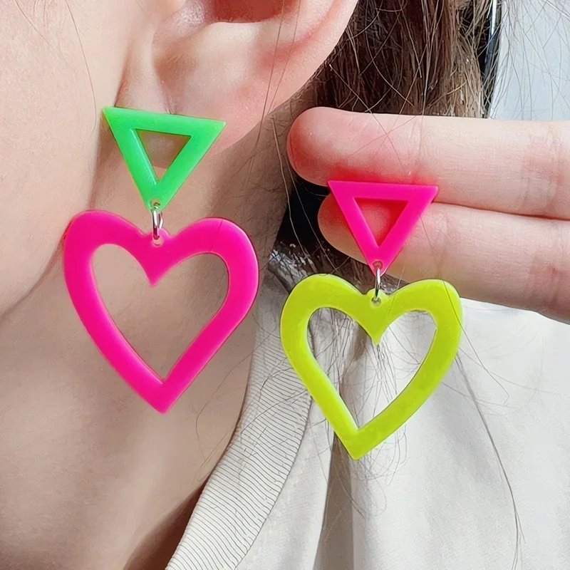 Fashionable heart-shaped fluorescent contrasting hollow triangle acrylic geometric trendy European and American earrings