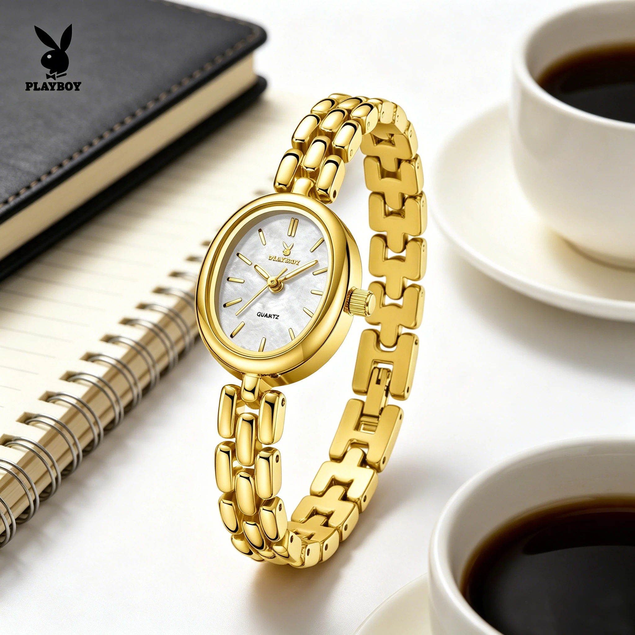 

PLAYBOY Original Women's Dress Quartz Watch Stainless Steel Waterproof Super Luminous Wristwatch For Woman Oval Dial Reloj 3563