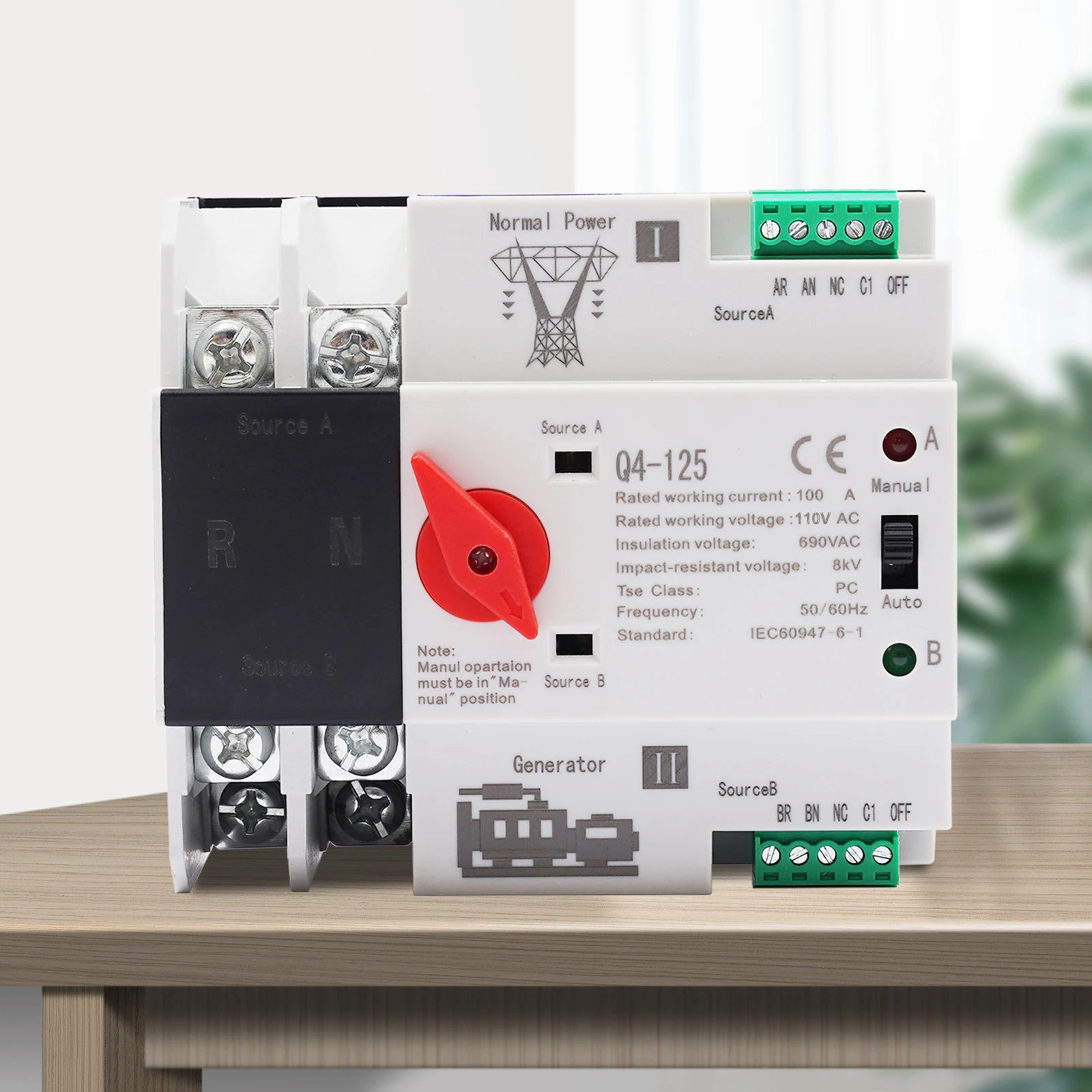 Automatyczny przełącznik zasilania, 2P 100 Amper ATS, przełącznik zasilania z podwójnym zasilaniem, kompaktowy 10,7x9,6x7,6 cm, do przełączania zasilania sieciowego