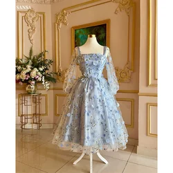 Sansa Blue Square Collar Lace Embroidery Prom Dress Tulle A-line Long Sleeve Evening Dresses Sweet Ankle-Length Formal Evening