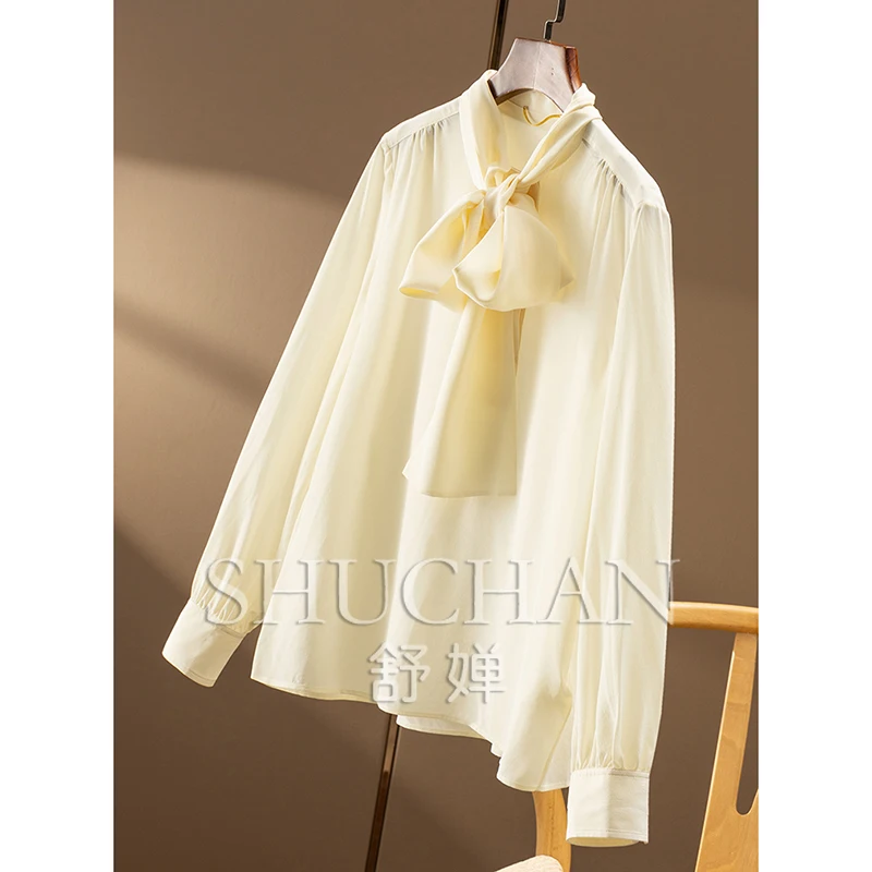 New Natural Silk Double Crepe Streamer Collar Long Sleeve Shirt Women 61C0 Women Tops Blusa Feminina