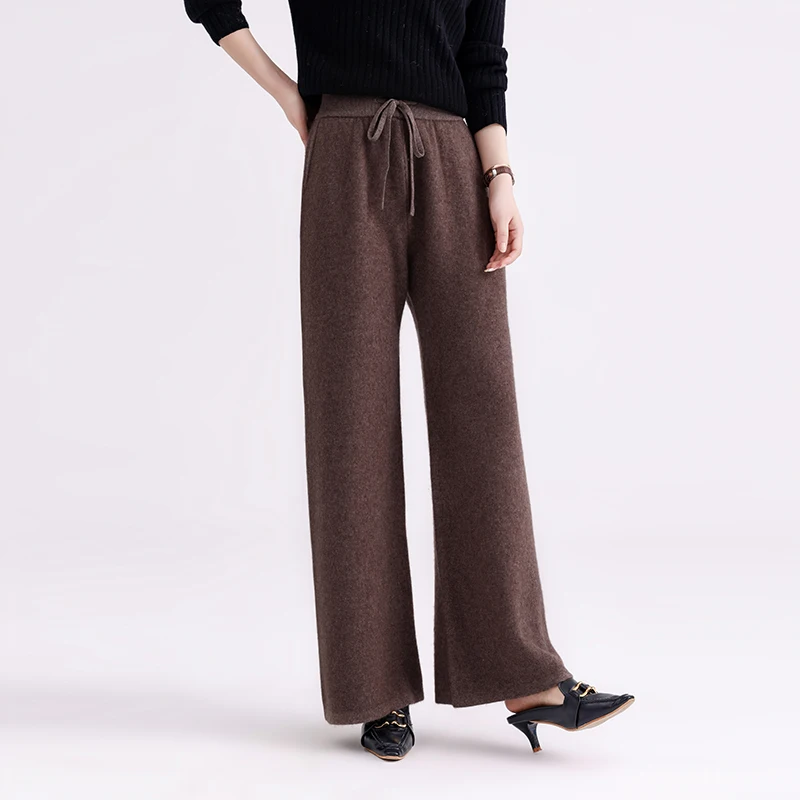 100% Pure Wool Pants Cashmere Wide Leg Trousers Women\'s High Waisted Knit Loose Casual Straight Leg Pants Autumn Winter New