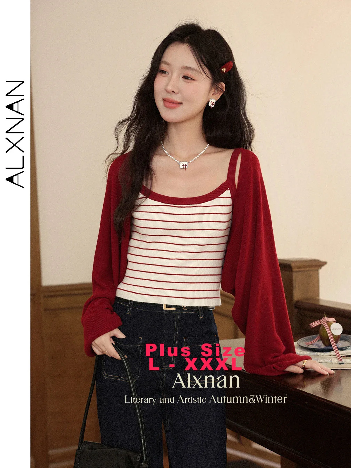

ALXNAN Plus Size Women's Knit Cardigan Vintage Red Elegant Long Sleeve Jumpers 2025 Autumn Loose-fit Bat Sleeve Cardigans D12316