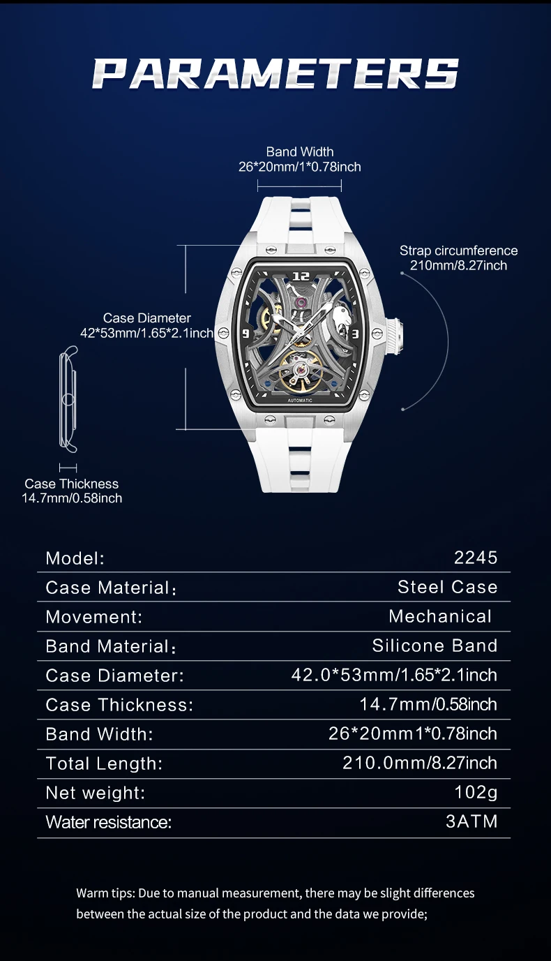 MEGIR Sport-Stil, automatische mechanische Uhr für Herren, voll hohl, transparentes Zifferblatt-Design, Edelstahlgehäuse, Silikonarmband – Detail 22