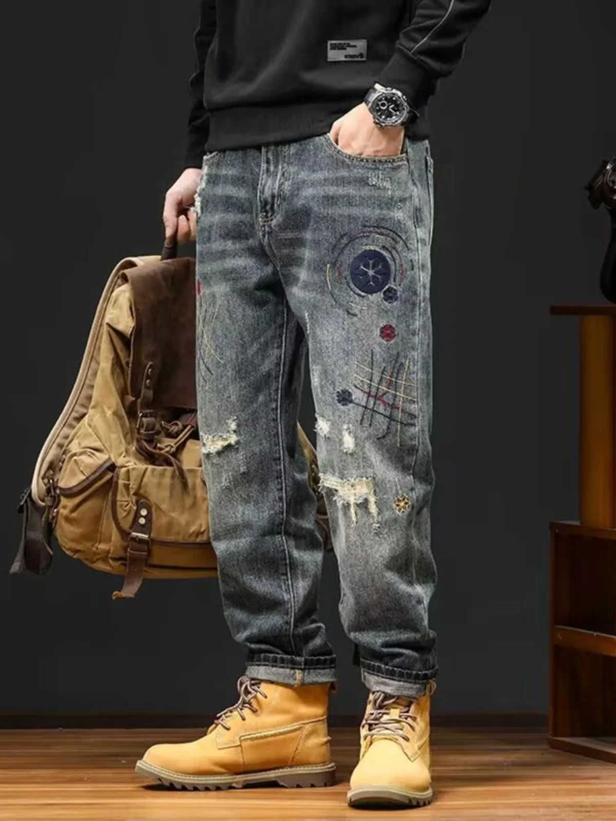 Calças Jeans Masculinas Estilo Retrô com Patchwork e Furos, Novas Calças Casuais Americanas de Alta Moda, Calças Longas da Pr...