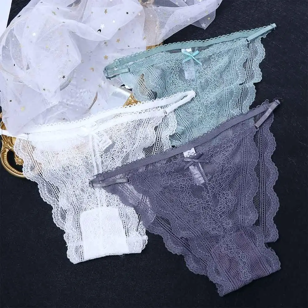 

Soft Transparent Embroidered Low Waist Sexy Female Lace Panties Thong for Women Intimates Mini Bow Underpants