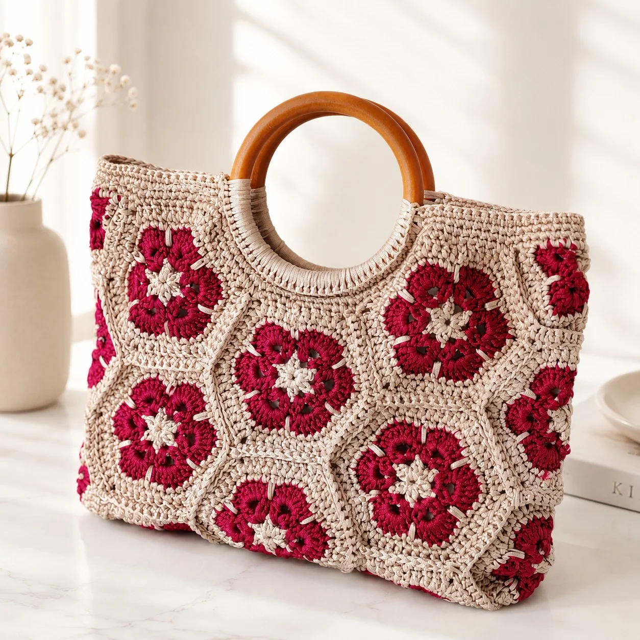 Boho Woven Straw Beach Bag for Women Vintage Hexagon Flower Knit Top-Handle Purse Summer Vacation Travel Shoulder Shopping