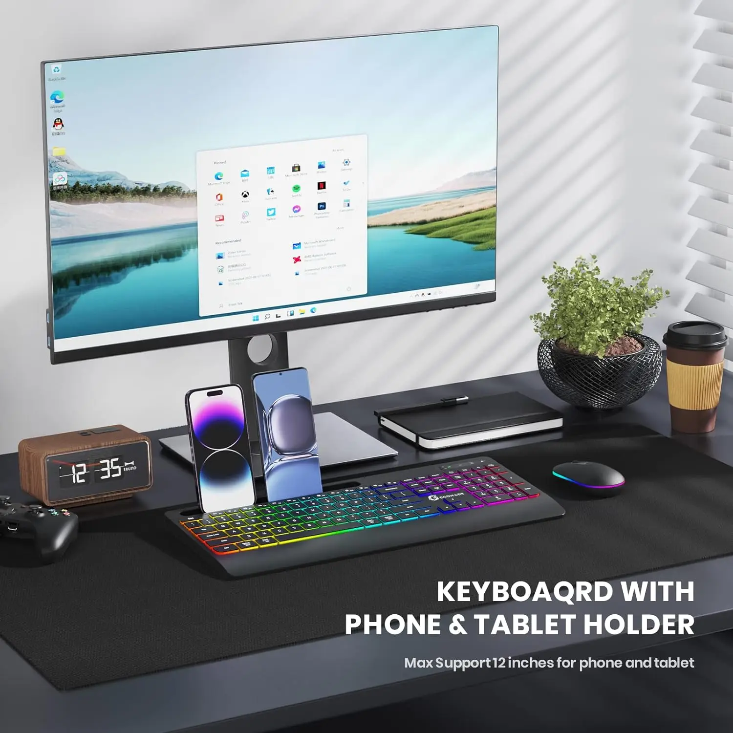 

GEODMAER Wireless Keyboard and Mouse Combo with Phone Holder,Wrist Rest,Silent Rechargeable Backlit, Full Size Ergonomic Mouse