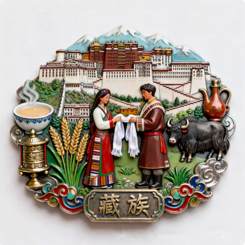 Ethnic Costumes of Potala Palace in Xizang 3D Metal Fridge Magnets Tourism Souvenirs Refrigerator Magnetic Stickers