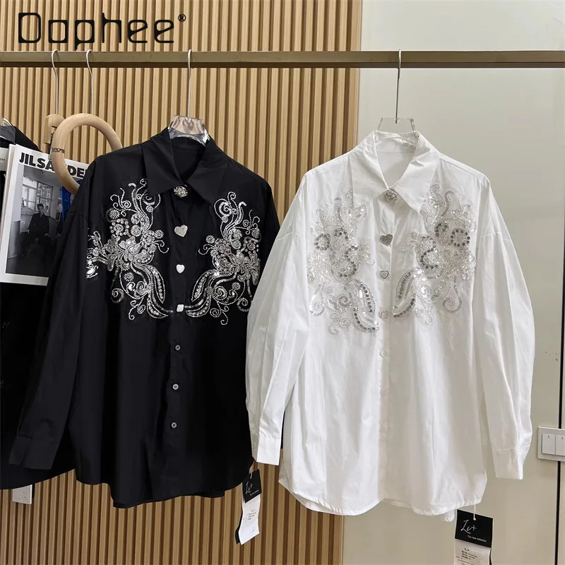 

Embroidery Sequin Long Sleeve Shirt for Women Spring Heart Shape Button Lapel Bead Blouse White Black Loose Casual Tops