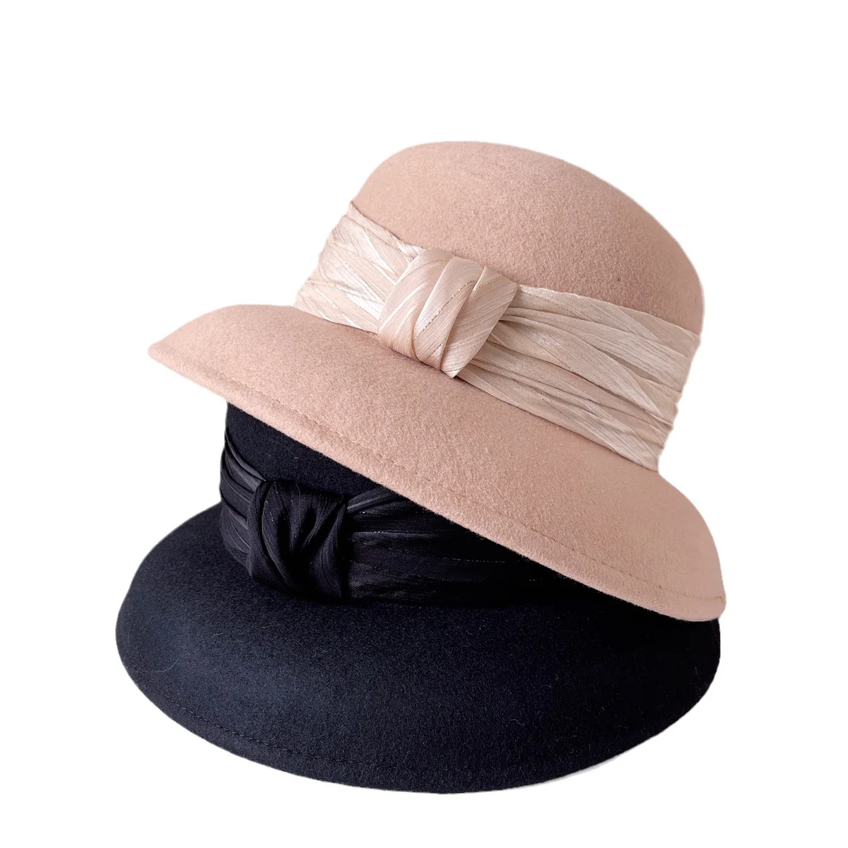 100% French vintage wool lampshade hat Ladies fashion pleated tulle bow top hat Elegant Hepburn style basin hat