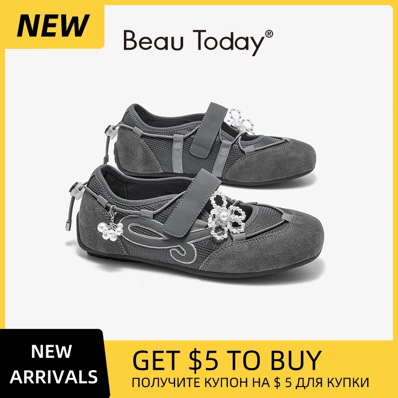 BEAUTODAY Ballet Sneakers Women Split Leather Hook Loop Flower Decoration Pearl Pendant Breathable Ladies Flats Shoes 25328